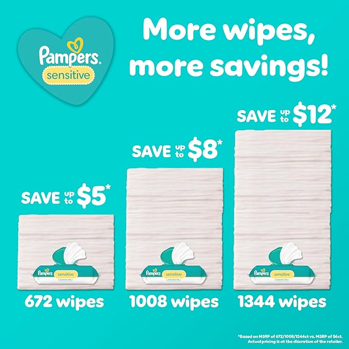 Pampers Sensitive Baby Wipes, Water Based, Hypoallergenic and Unscented, 8 Flip-Top Packs, 4 Refill Packs (1008 Wipes Total)
