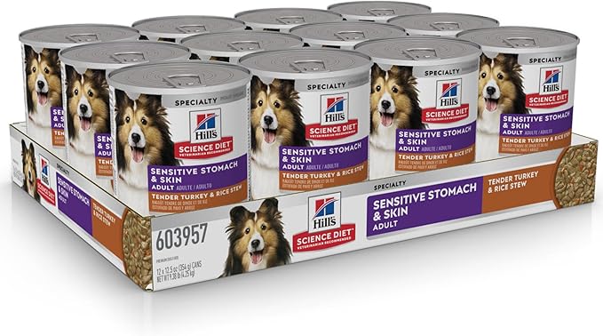 Hill's Science Diet Sensitive Stomach & Skin, Adult 1-6, Stomach & Skin Sensitivity support, Wet Dog Food, Turkey & Rice Stew, 12.5 oz Can, Case of 12
