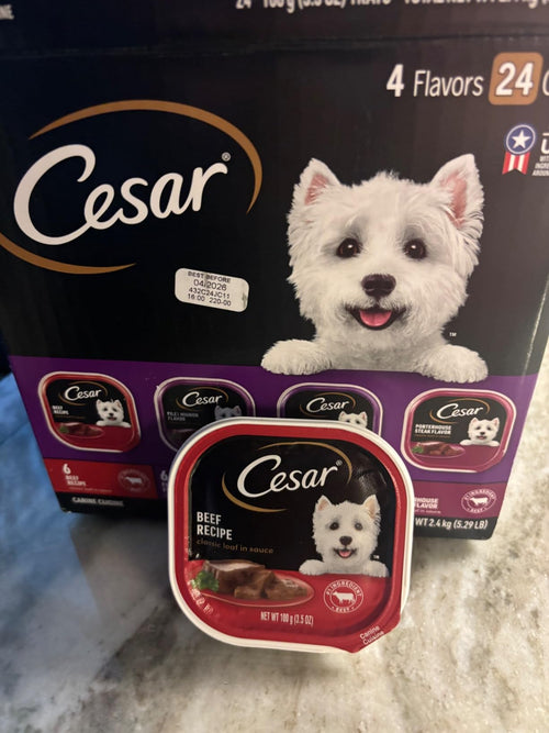 Cesar Classic Loaf in Sauce Wet Dog Food, Beef Recipe, Filet Mignon Flavor, Grilled Chicken Flavor, and Porterhouse Steak Flavor, 3.5 oz. Easy Peel Trays, Variety Pack (24 Count, Pack of 1)