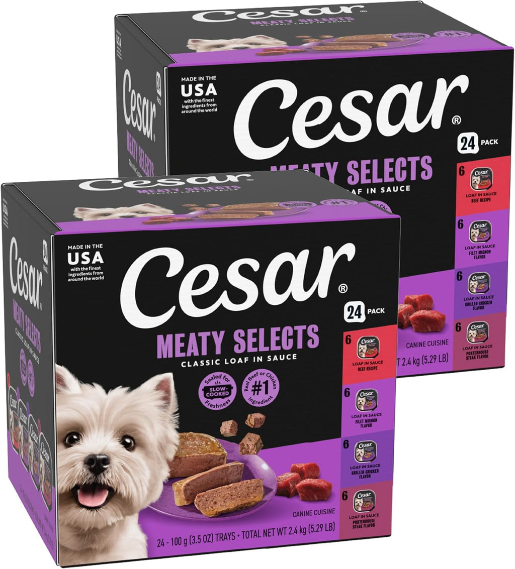 Cesar Classic Loaf in Sauce Wet Dog Food, Beef Recipe, Filet Mignon Flavor, Grilled Chicken Flavor, and Porterhouse Steak Flavor, 3.5 oz. Easy Peel Trays, Variety Pack (24 Count, Pack of 1)